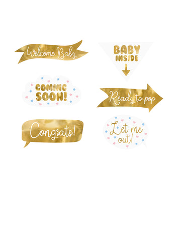 6 darabos fehér és arany babaváró buli fotófülke készlet, parti kiegészítők