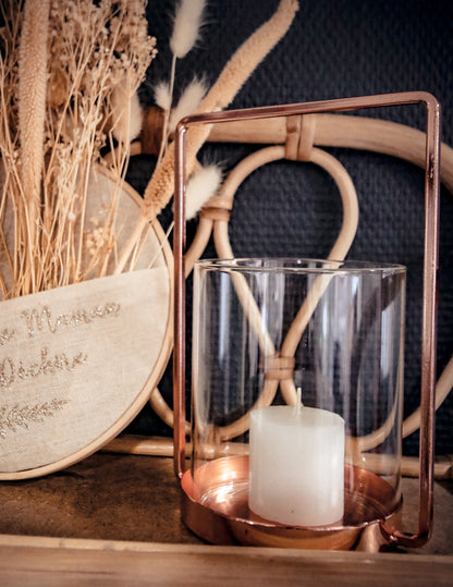 Üveg gyertyatartó rozéarany kerettel, 19.5 cm elegáns sárgaréz