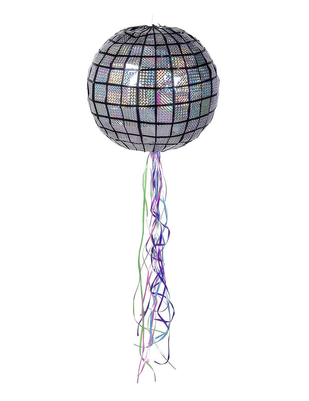Ezüst diszkógömb pinata színes szalagokkal