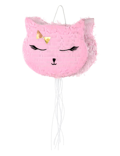 Piñata chat pour anniversaire rose avec nœud doré