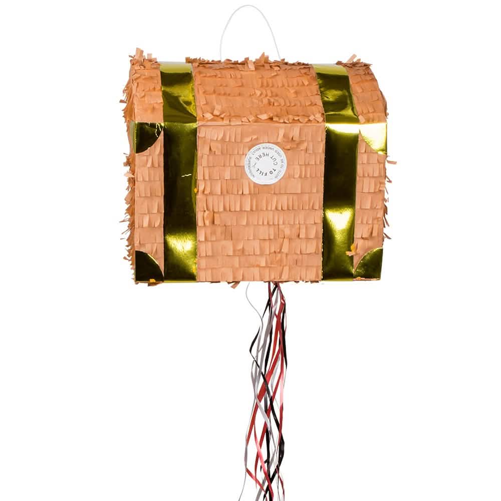 A kalóz kincsesláda piñata nyílásának és szalagjainak nézete