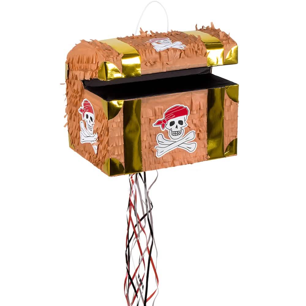 Kalózos kincsesláda piñata gyermeknek, barna és arany, koponyával