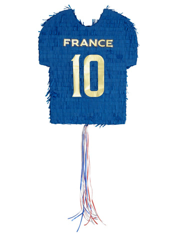 Piñata en forme de maillot FFF™ bleu avec numéro 10 doré et rubans tricolores