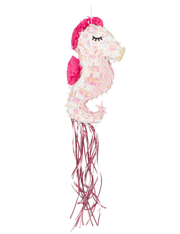 Piñata hippocampe pour enfant rose irisé à ficelles