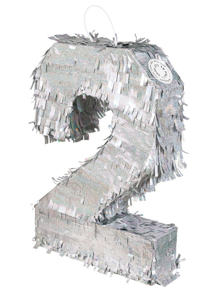 Ezüst holografikus piñata, 2-es szám, 40 x 28 x 8 cm születésnapra
