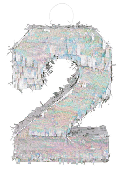Ezüst holografikus piñata, 2-es szám, 40 x 28 x 8 cm születésnapra