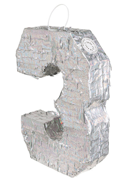 Ezüst holografikus piñata, 3-as szám, 40 x 28 x 8 cm születésnapra