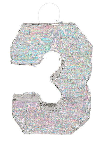 Ezüst holografikus piñata, 3-as szám, 40 x 28 x 8 cm születésnapra