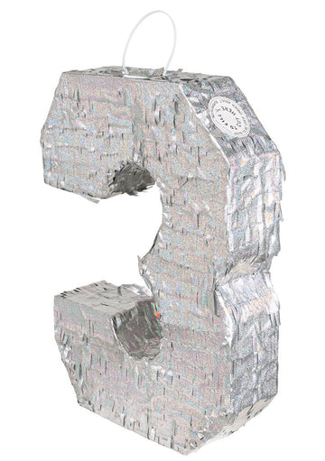 Ezüst holografikus piñata, 3-as szám, 40 x 28 x 8 cm születésnapra