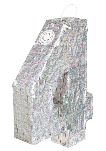 Ezüst holografikus piñata, 4-es szám, 40 x 28 x 8 cm buliba