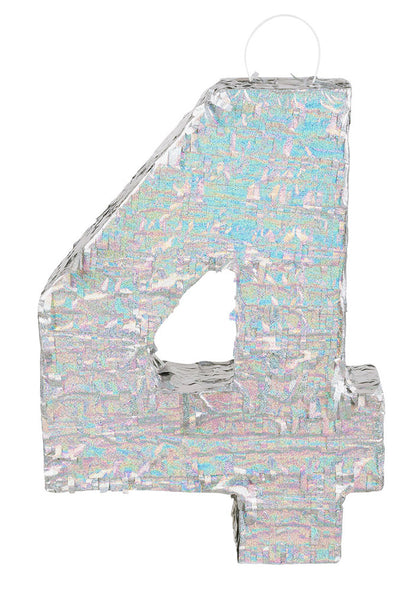 Ezüst holografikus piñata, 4-es szám, 40 x 28 x 8 cm buliba