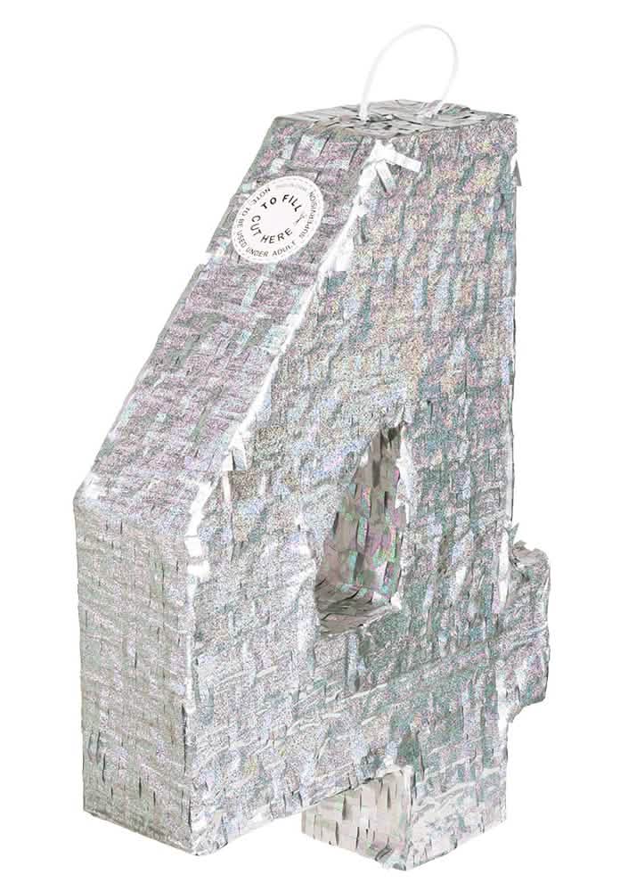 Piñata chiffre 4 pour fête argent holographique