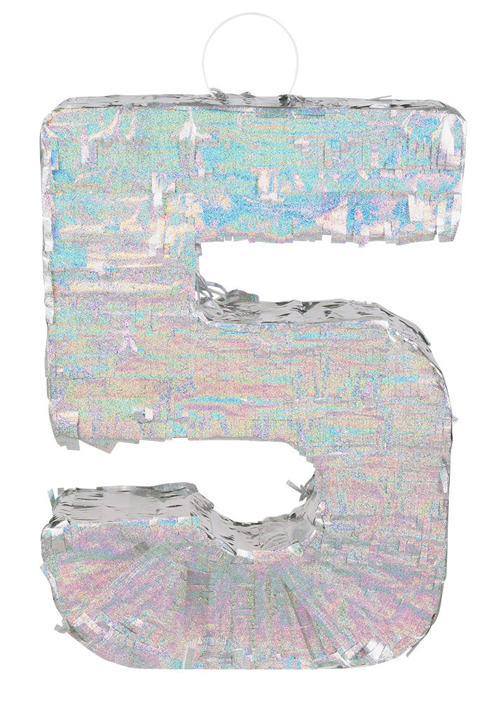 Ezüst holografikus piñata, 5-ös szám, 40 x 28 x 8 cm születésnapra
