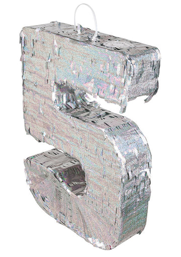 Ezüst holografikus piñata, 5-ös szám, 40 x 28 x 8 cm születésnapra