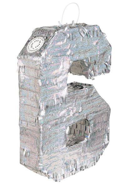 Ezüst holografikus piñata, 6-os szám, 40 x 28 x 8 cm megtölteni