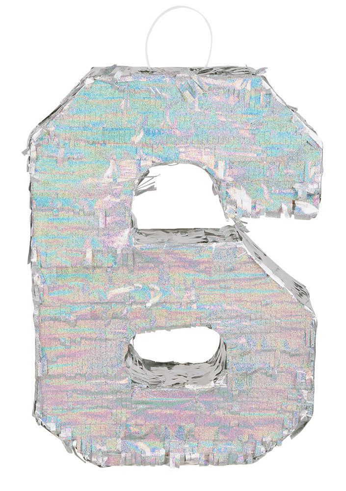 Ezüst holografikus piñata, 6-os szám, 40 x 28 x 8 cm megtölteni