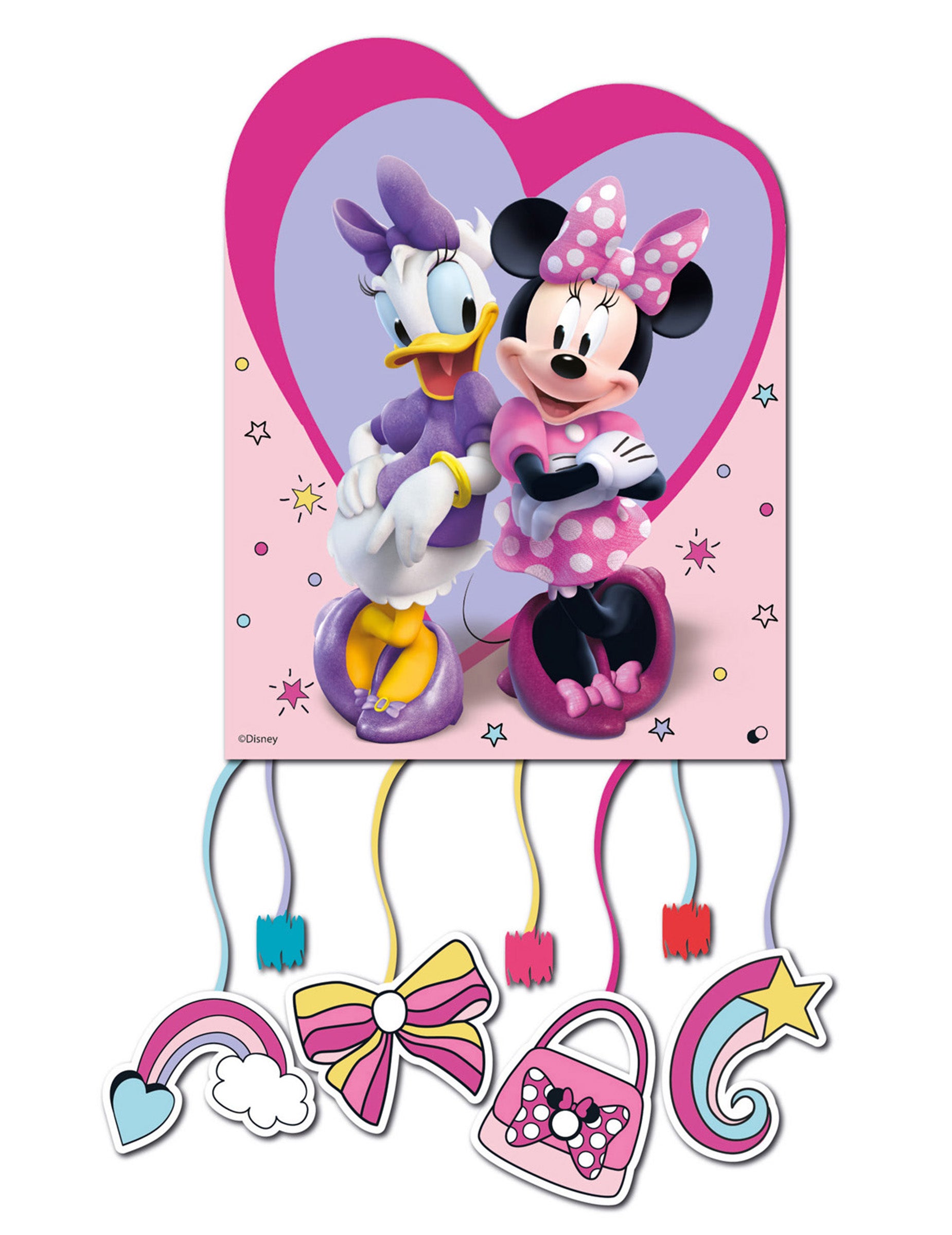 Piñata Minnie et Daisy pour enfant rose et violette avec rubans à tirer