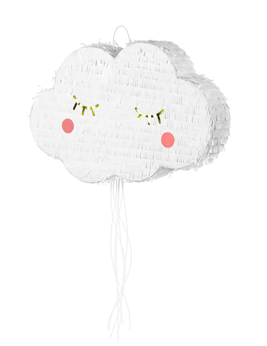 Pinata nuage pour enfant blanche à ficelles avec yeux dorés