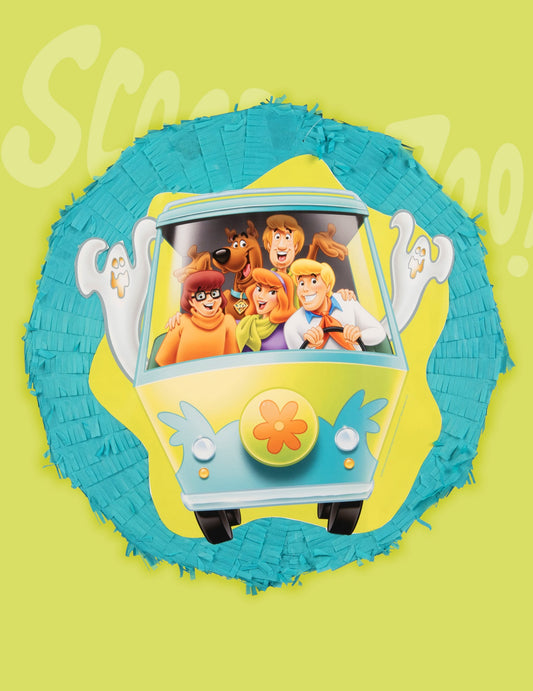 Gros plan sur l'illustration de la Mystery Machine de la Piñata Scooby-doo™
