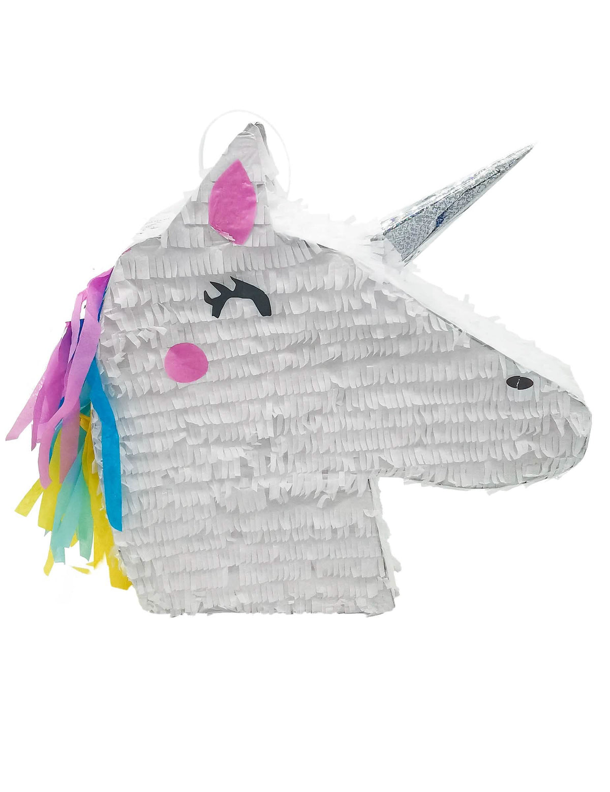 Fehér, kawaii egyszarvúfejű piñata szivárvány sörénnyel és ezüst szarvval