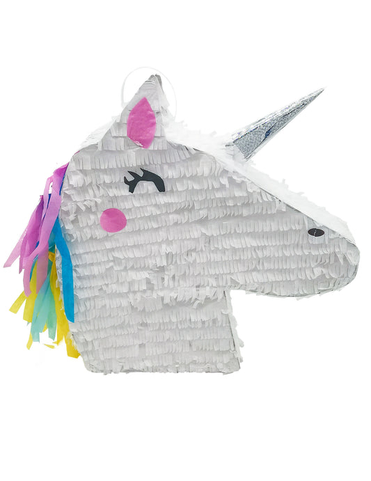 Piñata tête de licorne kawaï blanche avec crinière arc-en-ciel et corne argentée