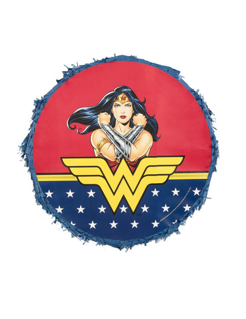 Piñata Wonder Woman pour enfant bleue et rouge avec logo et étoiles