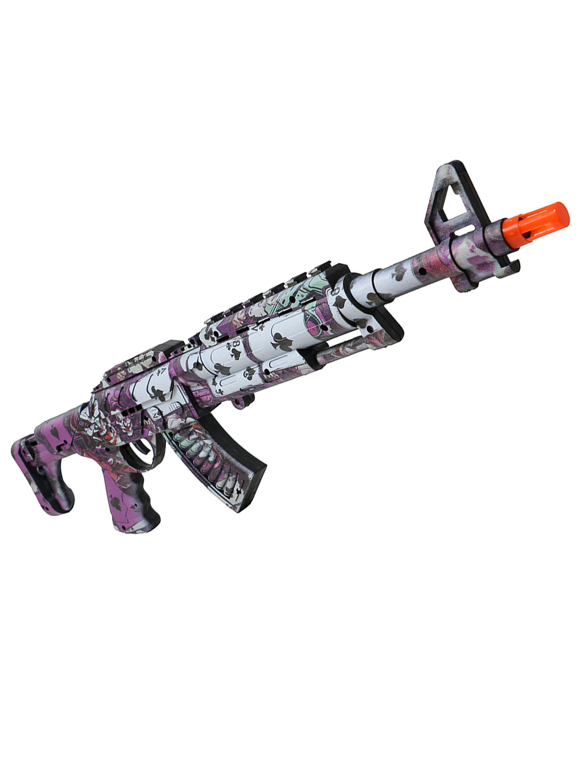 Pistolet mitrailleur joker fou pour déguisement violet et blanc à motifs de cartes