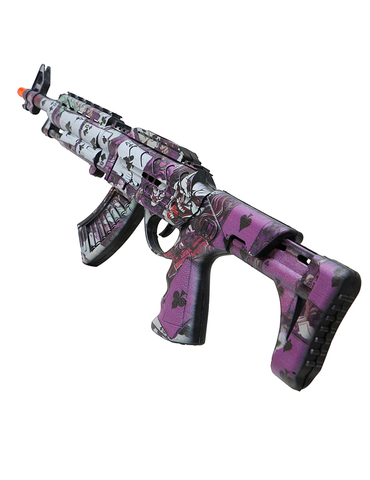 Vue de trois-quarts arrière du pistolet mitrailleur joker fou