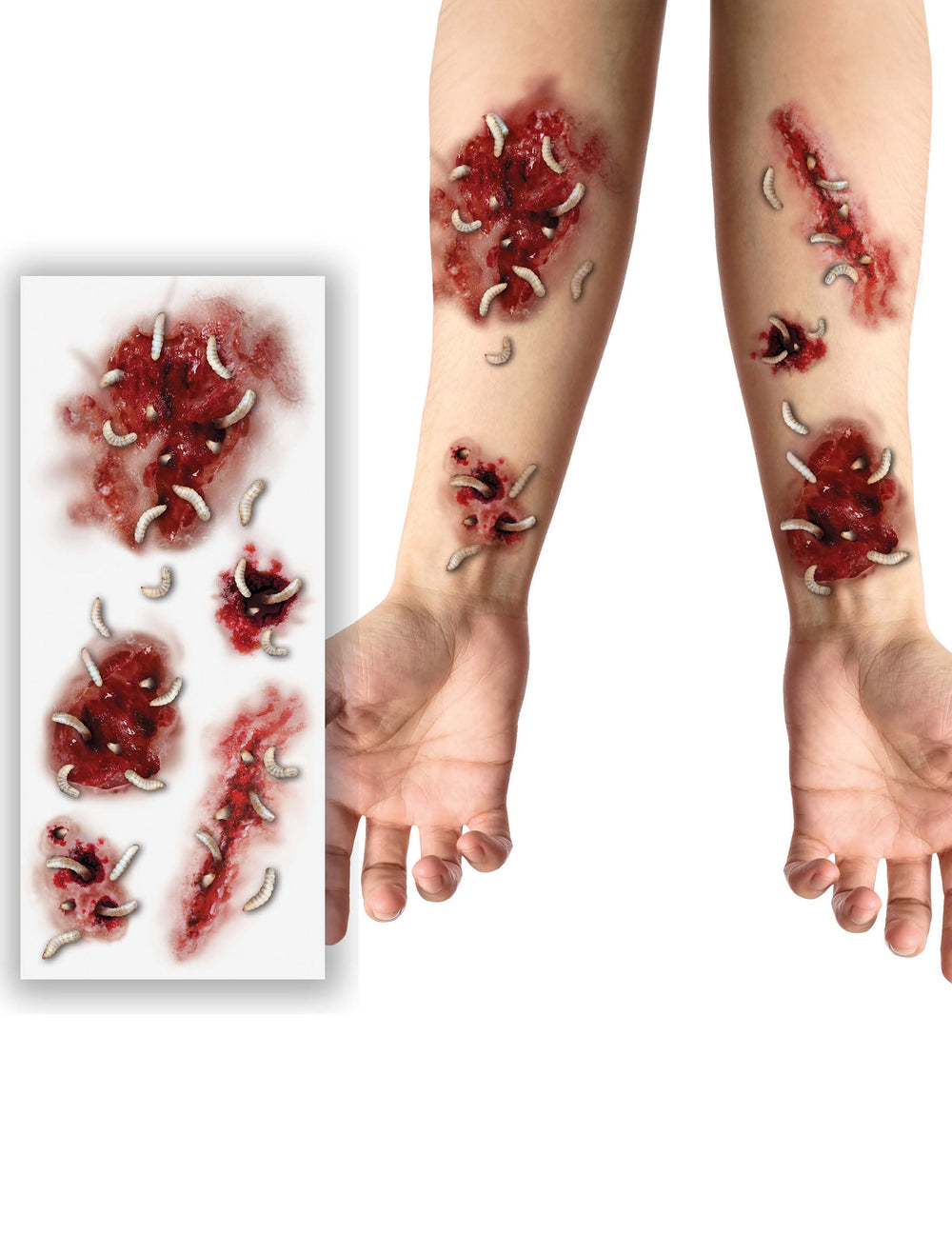 Planche de tatouages plaies avec vers pour adulte rouges et blancs