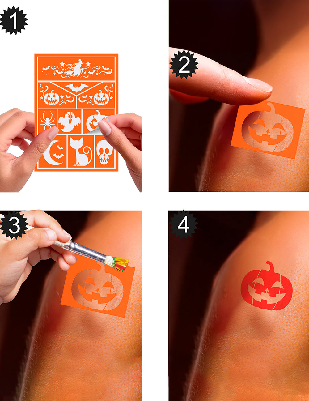 Étapes d'utilisation pas à pas des pochoirs de maquillage Happy Halloween