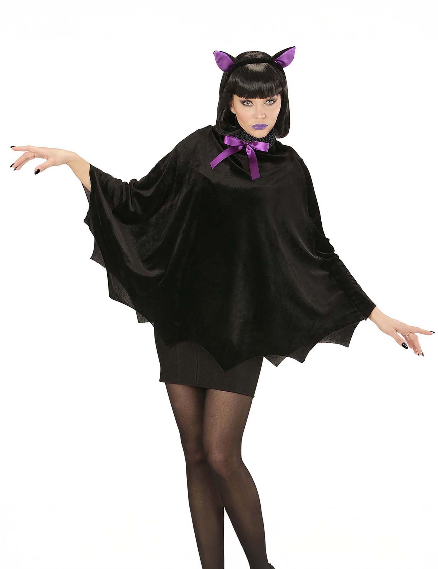 Poncho chauve souris pour femme noir avec nœud et oreilles violets