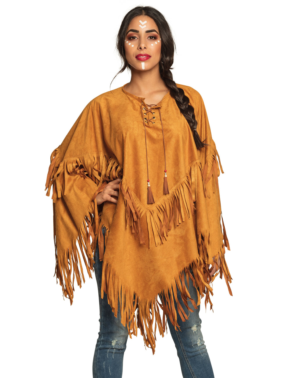 Poncho indien à franges pour femme marron