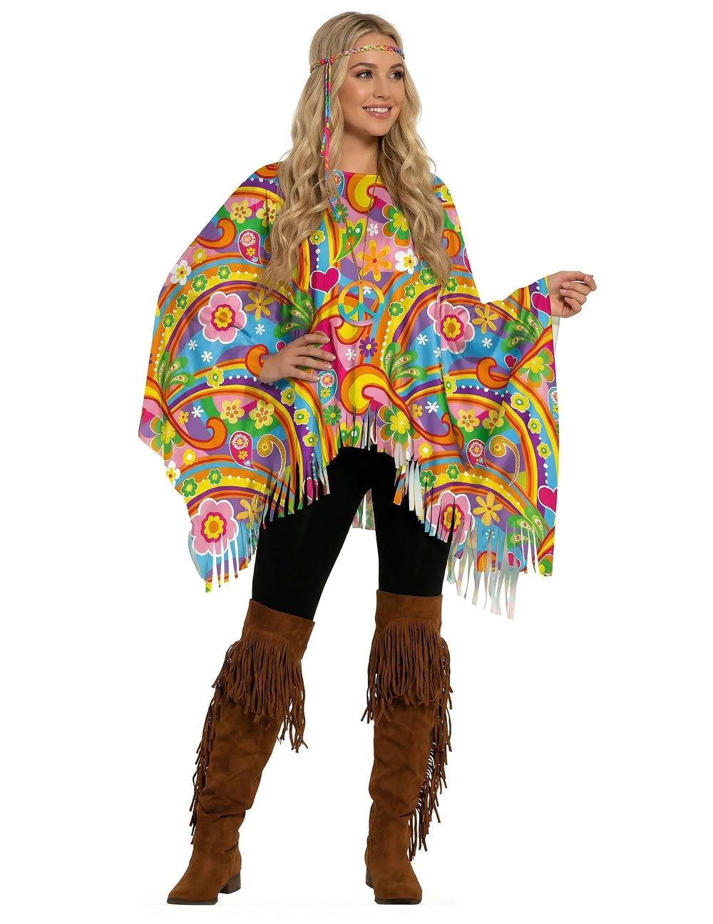Poncho peace and love pour adulte multicolore avec motifs fleurs et franges