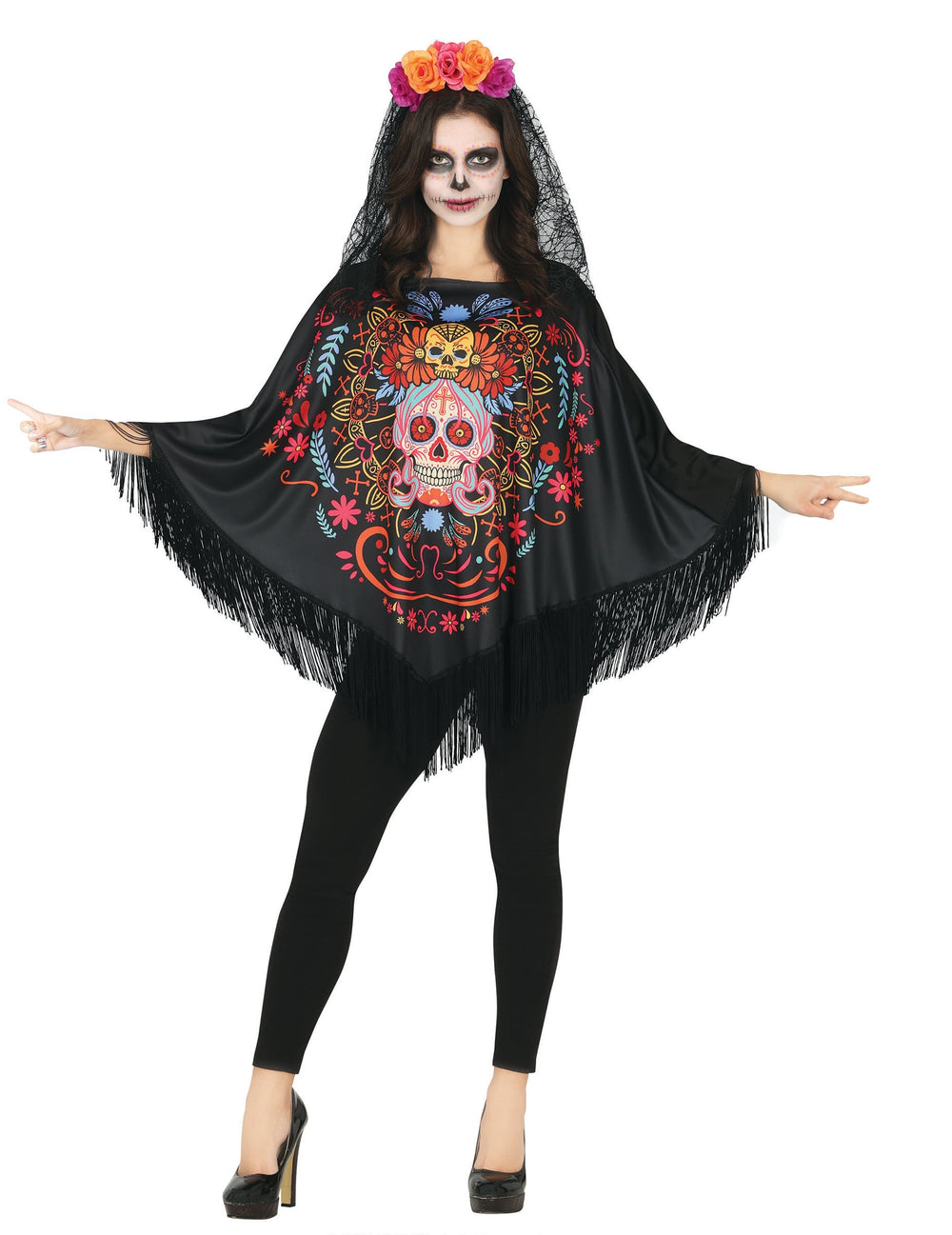 Poncho squelette coloré Dia de los muertos pour adulte noir avec franges