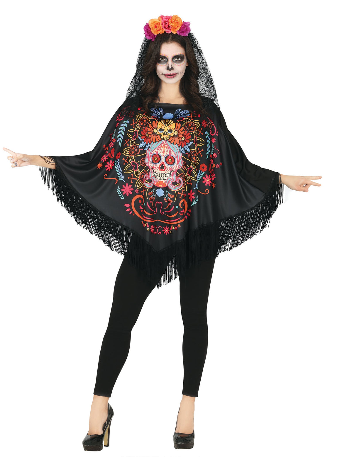 Poncho squelette coloré Dia de los muertos pour adulte noir avec franges
