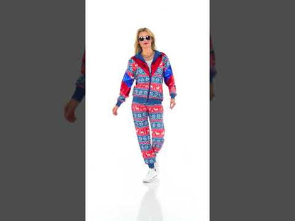 Felnőtt kék és piros karácsonyi melegítő jelmez