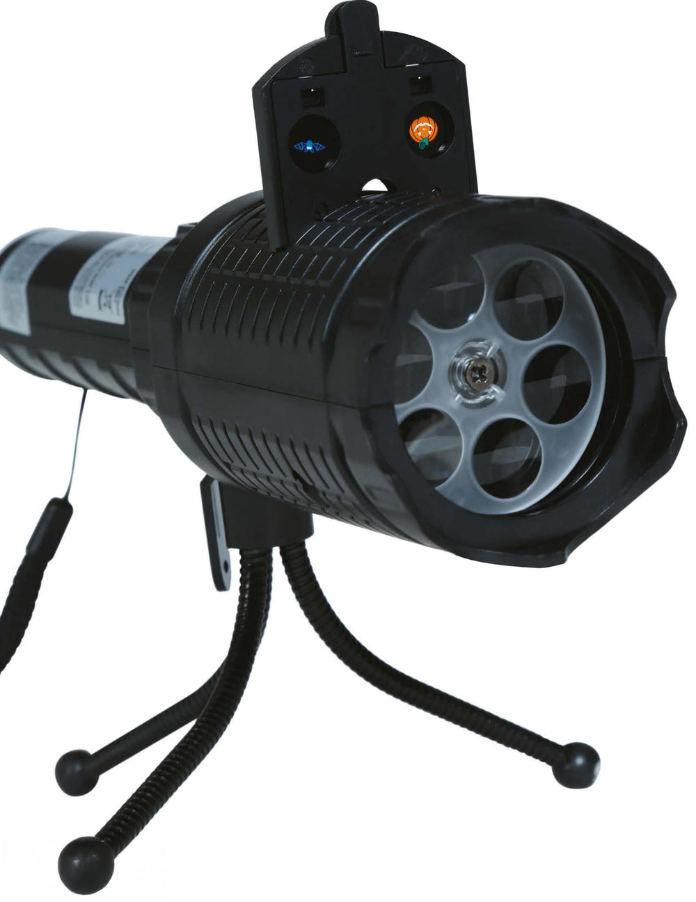 Zoom sur l'optique et l'insertion des motifs du projecteur led avec trépied Halloween