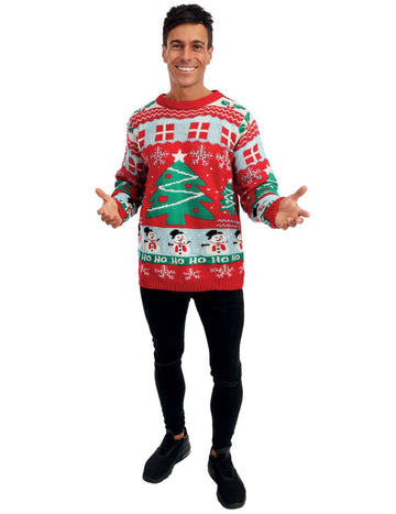 Piros felnőtt karácsonyi pulóver karácsonyfákkal