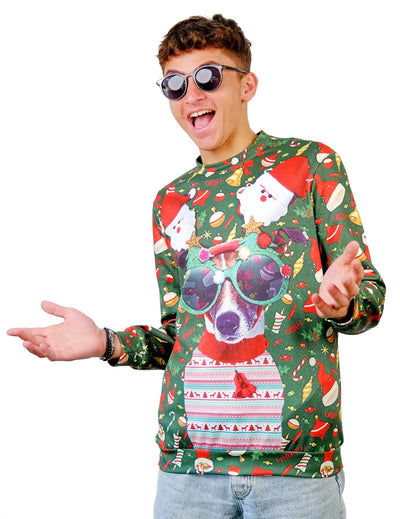 Pull de Noël imprimé chien pour adulte vert avec motifs festifs