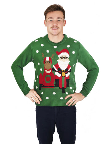Zöld karácsonyi pulóver a Mikulás Motard -szal