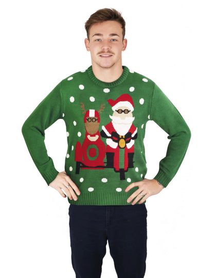 Zöld karácsonyi pulóver a Mikulás Motard -szal