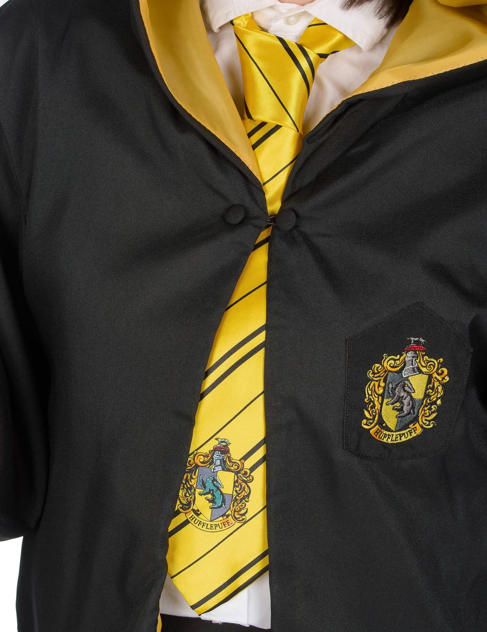 A luxus Hufflepuff varázslóruha nyakkendőjének és címerének részletei