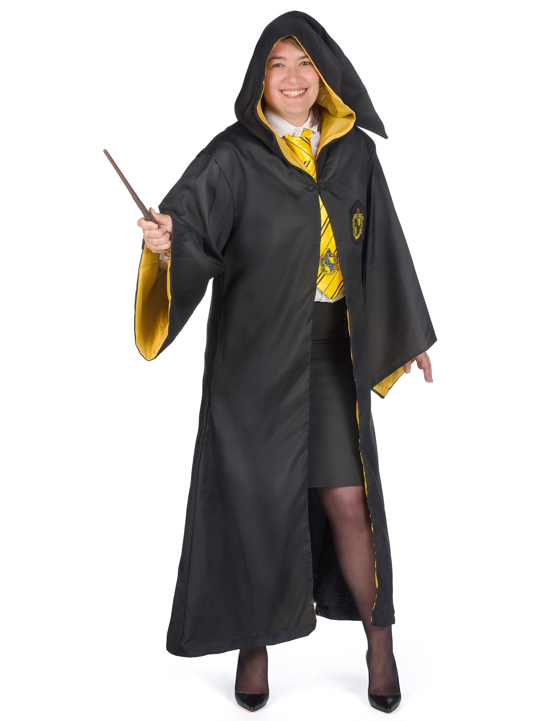 Vue de face avec capuche de la Réplique luxe robe de sorcier Poufsouffle