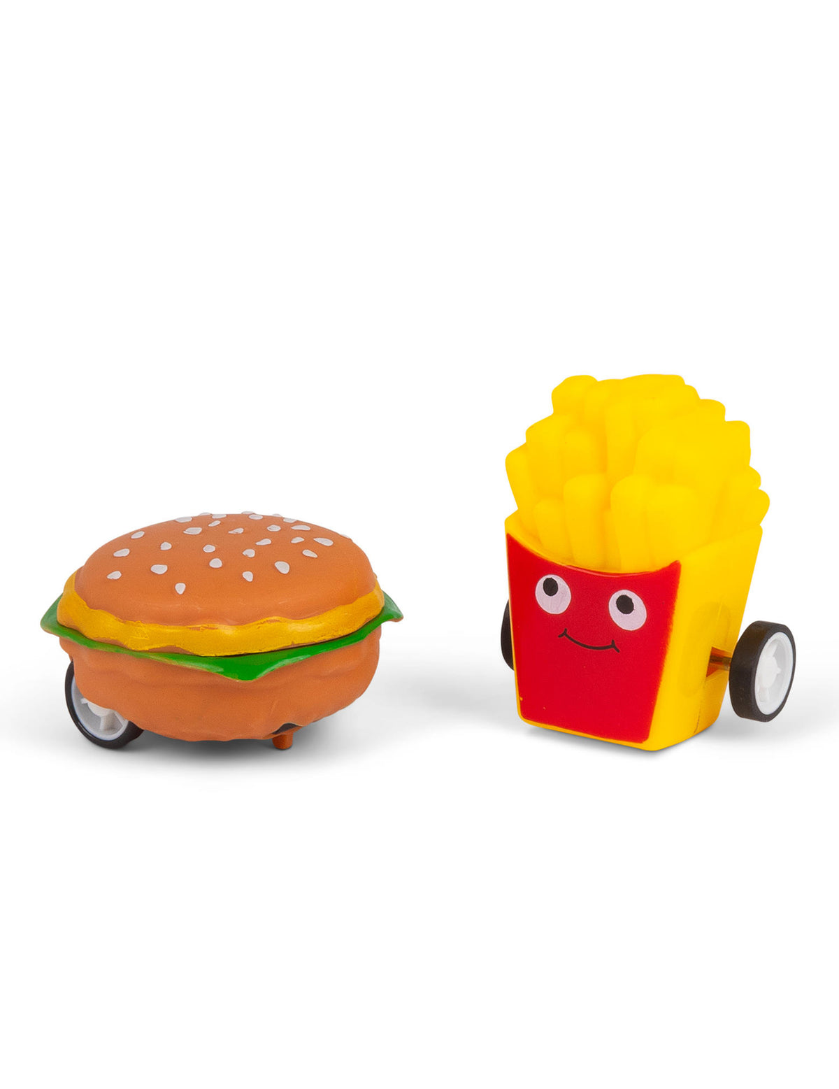 Vue d'ensemble des deux figurines du Jouet roulant à friction hamburger et frites Fast Food