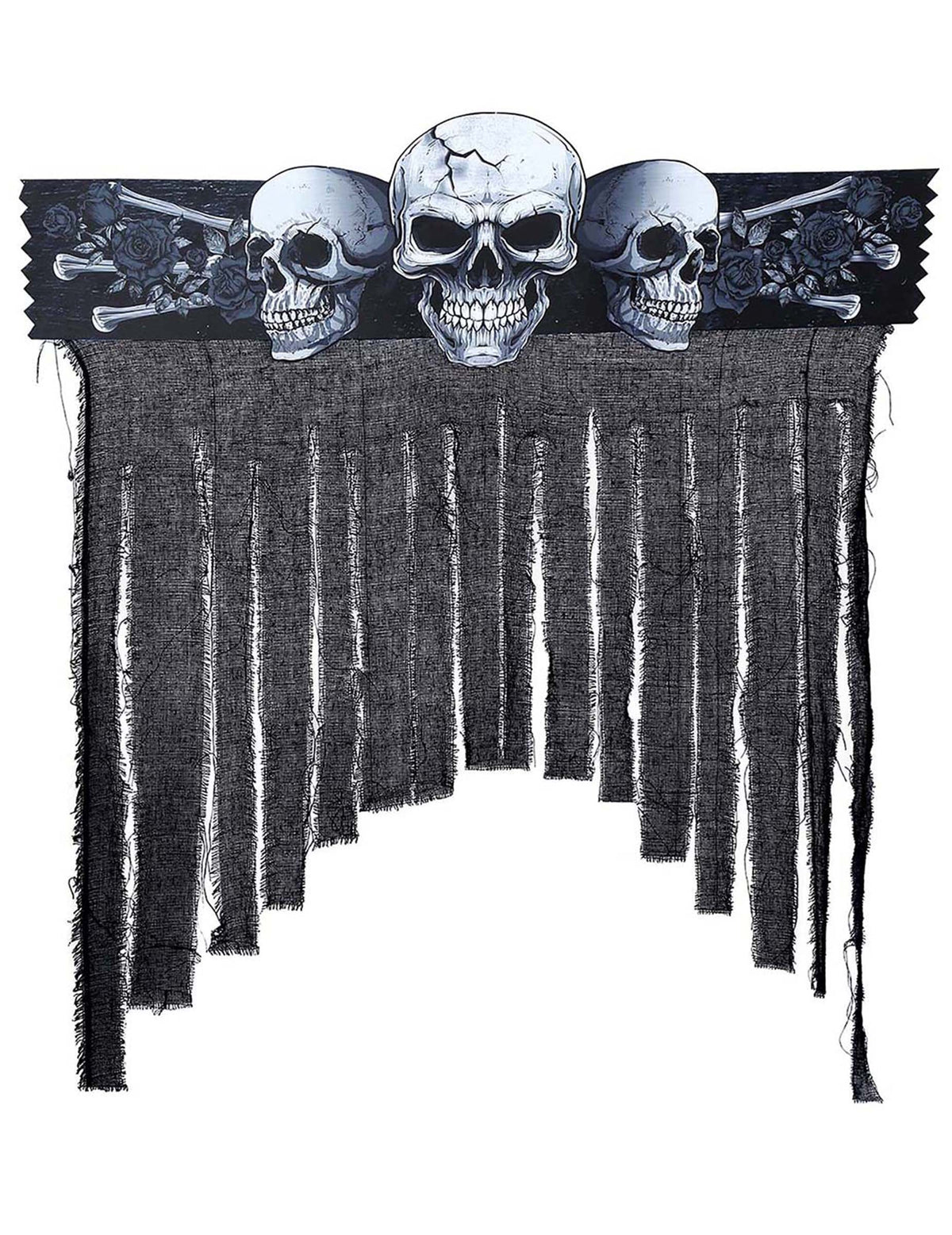 Rideau de porte tête de mort pour Halloween noir à lambeaux avec trois crânes