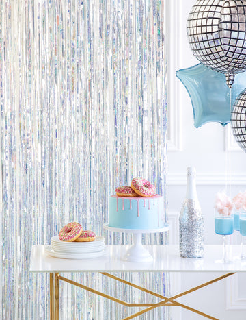 Rideau scintillant holographique pour fête argenté irisé