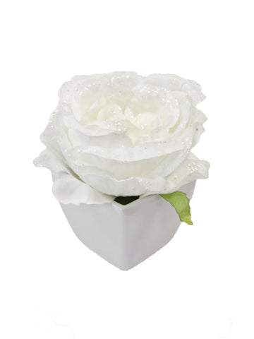 Műrózsa fehér csillámporral fehér cserépben 8 cm aranysárga