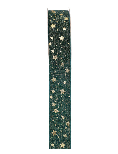 Fenyőzöld szalag arany csillagokkal 2,5 cm x 3 m