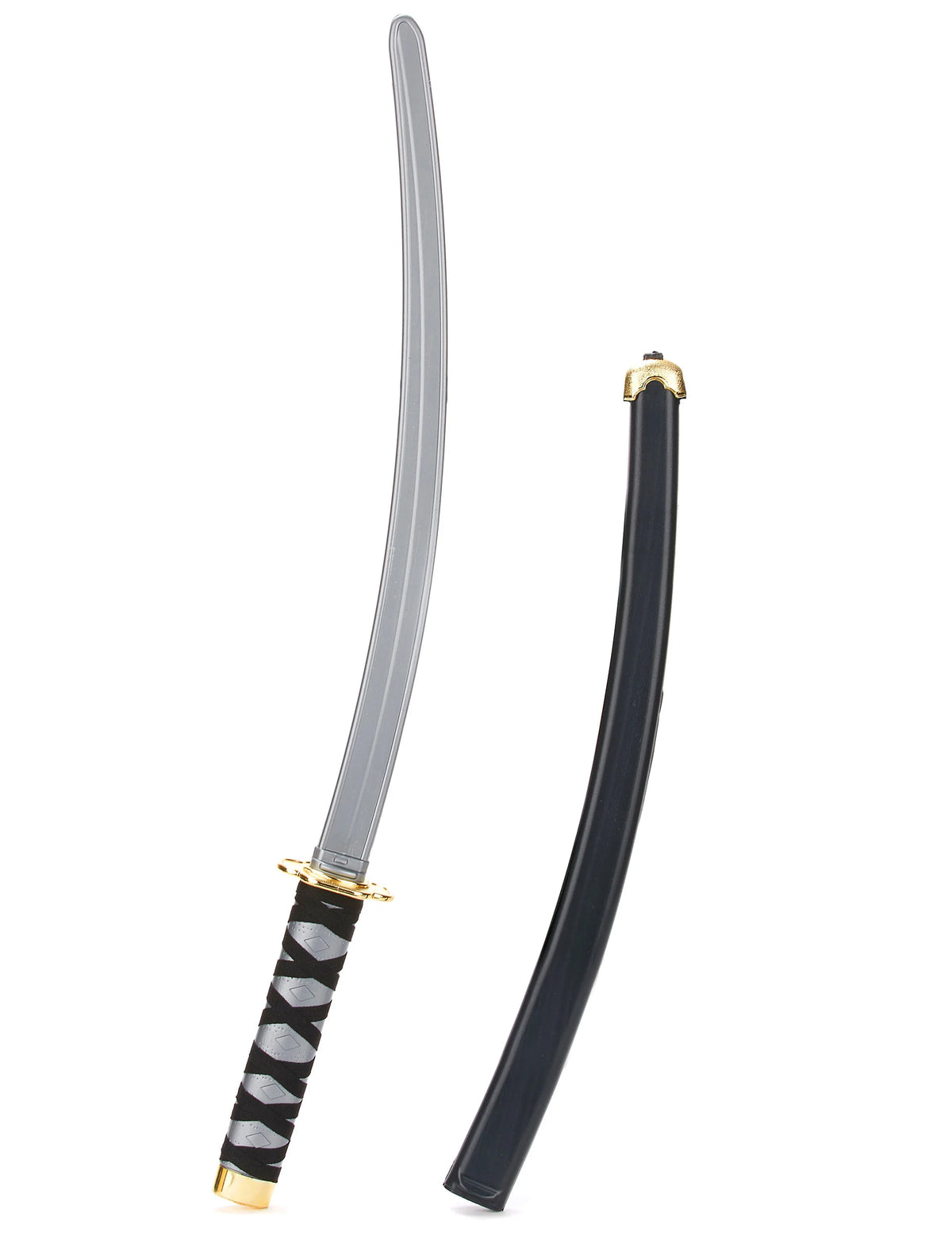 Gros plan sur la lame et le fourreau du sabre ninja en plastique pour adulte