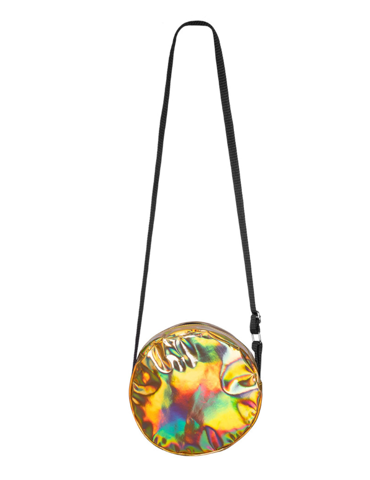 Mise en situation du sac à bandoulière rond holographique pour adulte doré
